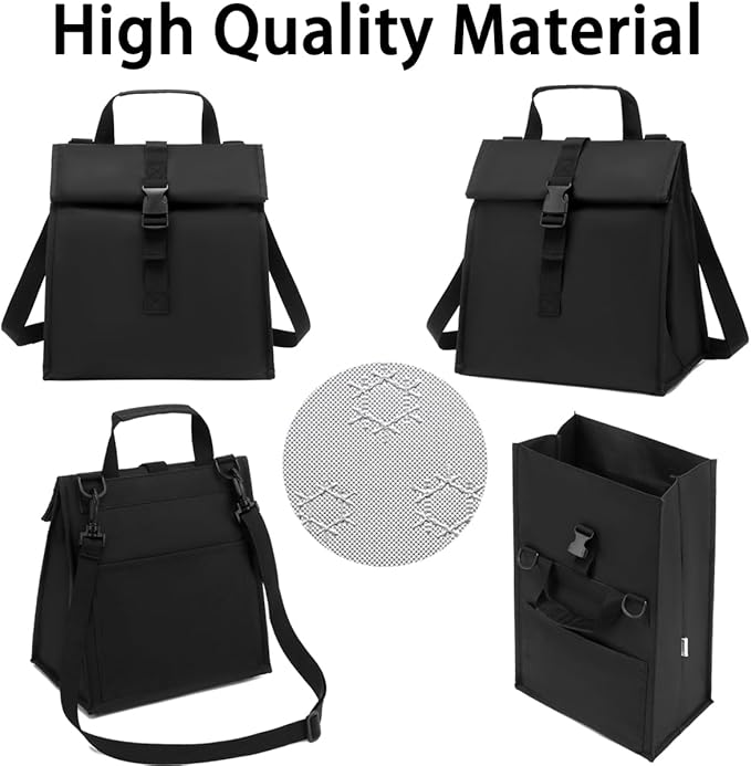 Insulated Lunch Bag for Men/Women/Kids, Roll top Reusable Lunch Box with Adjustable Shoulder Strap, Thermal Lunch Cooler Tote Container for Adults/Teens School Work Office Picnic,Black