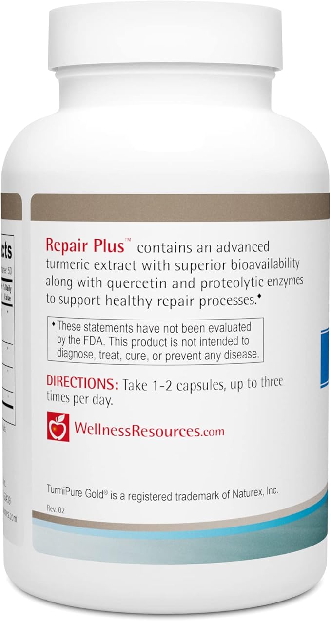 Repair Plus Featuring TurmiPure Gold Turmeric (Curcumin) with Quercetin and Proteolytic Enzymes Bromelain and Papain. for Repair, Recovery, Tissue Health, and Inflammation (100 Capsules)