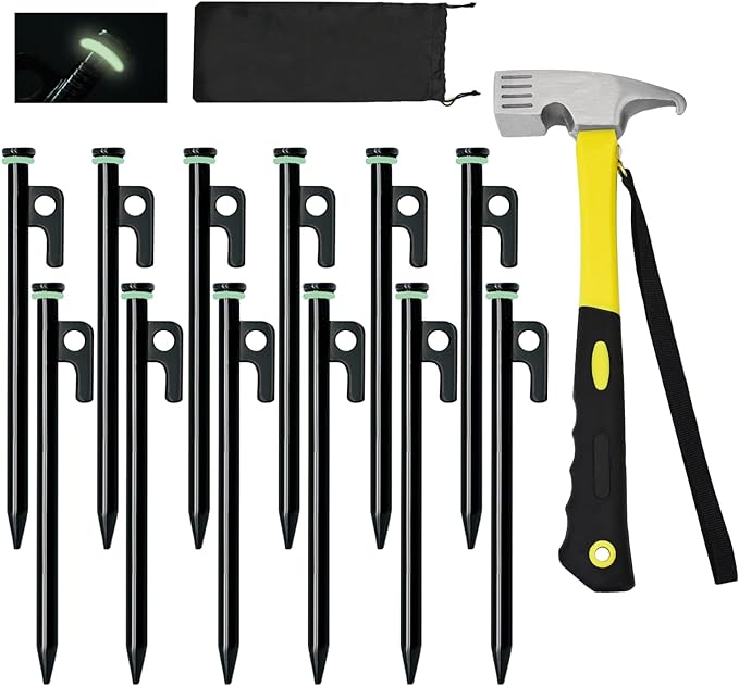 12 Pack Tent Stake with Hammer, 8in Heavy Duty Tent Stakes + 10in Camping Hammer+Storage Pouch, Forged Steel Tent Stakes for Camping Used on Rocks（12 Pack 8in Tent Stakes+Hammer）