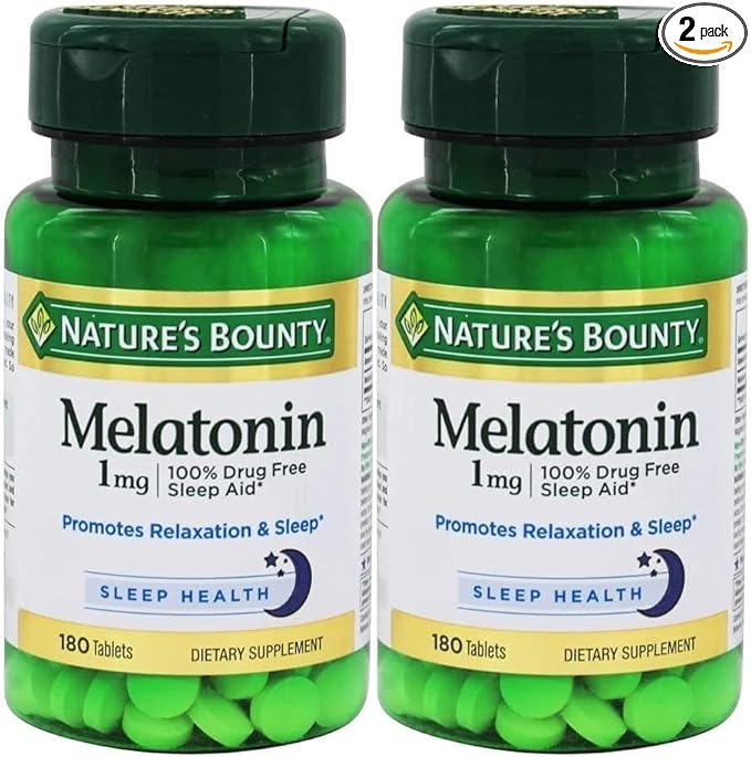 Nature's Bounty Melatonin, 100% Drug Free Sleep Aid, Dietary Supplement, Promotes Relaxation and Sleep Health, 1mg, 180 Tablets - Pack of 2