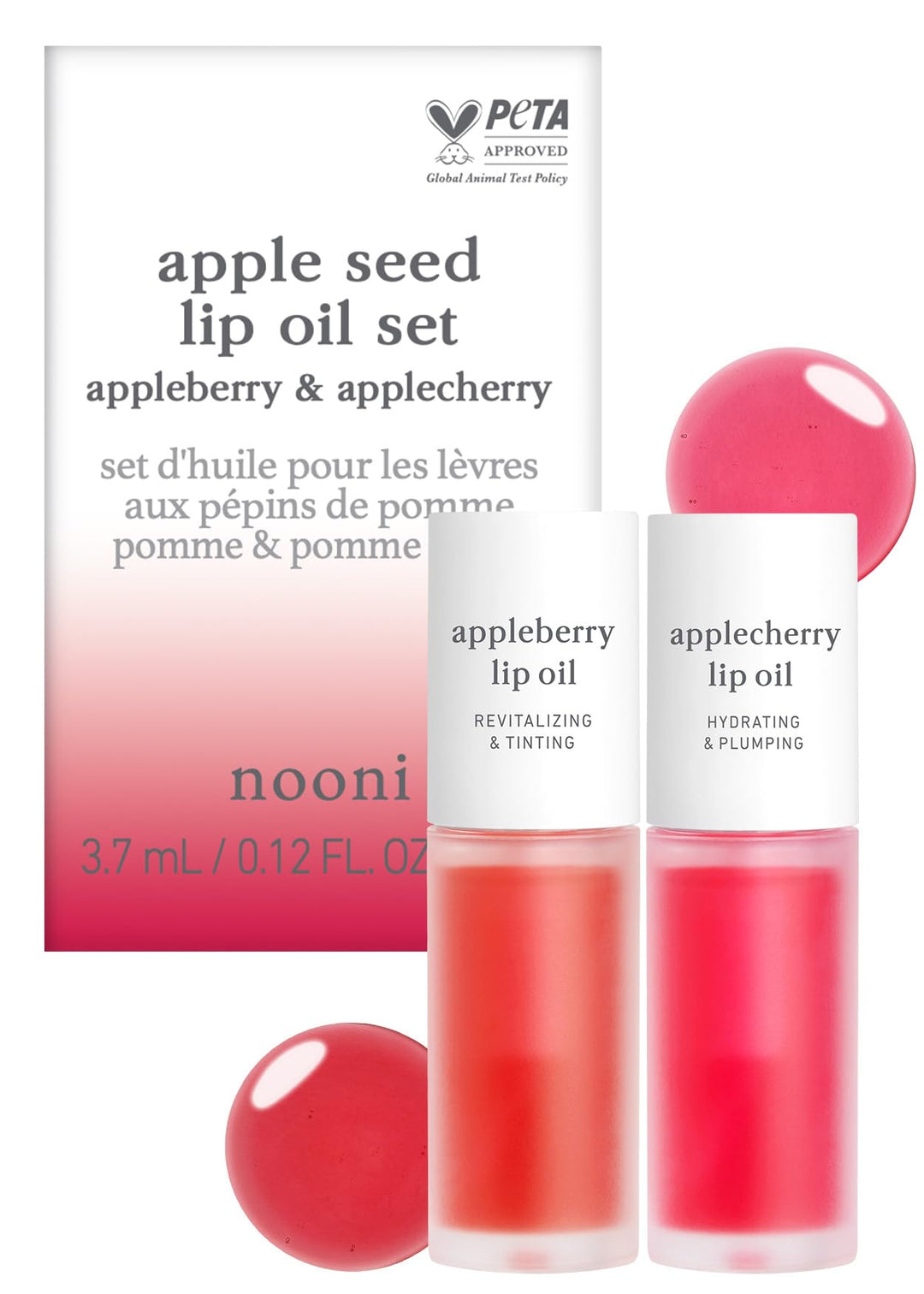 Nooni Appleseed Lip Oil Set - Appleberry & Applecherry | With Apple Seed Oil, Lip Oil Duo, Lip Stain, Long-Lasting, Plumping, Gi
