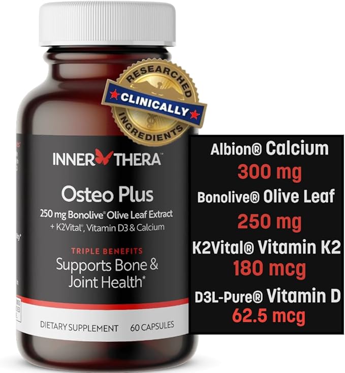 Osteo Plus 4-in-1 Comprehensive Supplement - Calcium with Vitamin D3, K2 and Bonolive - Supports Healthy Aging - Gluten-Free, Non-GMO, Vegan (60 Count)