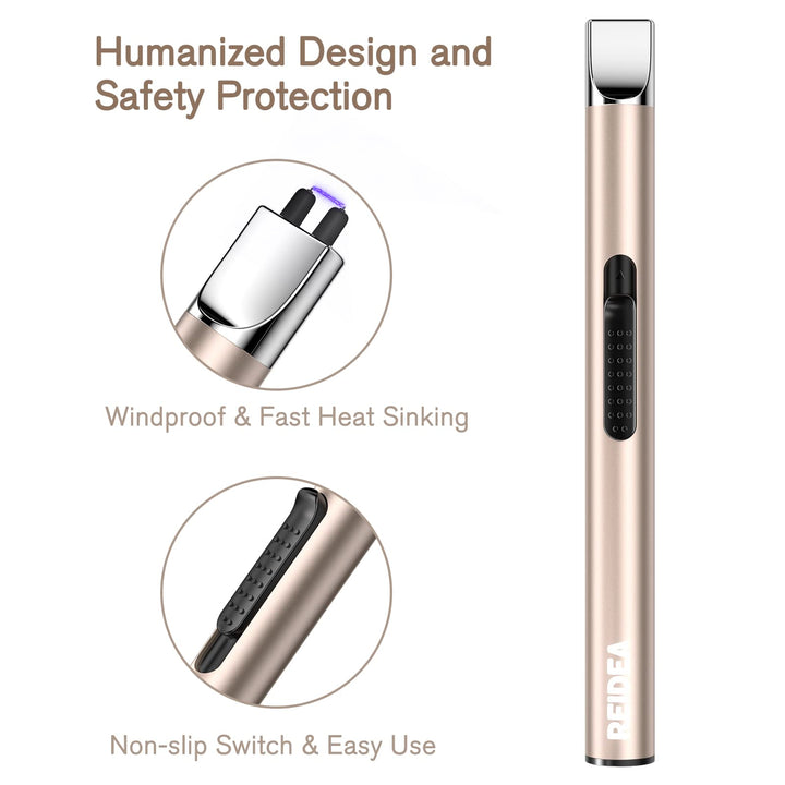 REIDEA Lighter S4 Electronic Candle Lighter USB Rechargeable with Security Lock, Windproof Fast Heat Sinking, Non-Slip Switch Electronic Lighter for Candle, Grill, Camping (Champagne Gold + White)