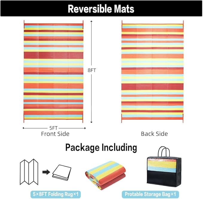 Outdoor Waterproof Rug 5'x8' Plastic Straw Rugs Washable Reversible Floor Mat Rainbow Stripe Carpet for Camping RV Deck Entryance Porch Picnic Balcony Beach Backyard