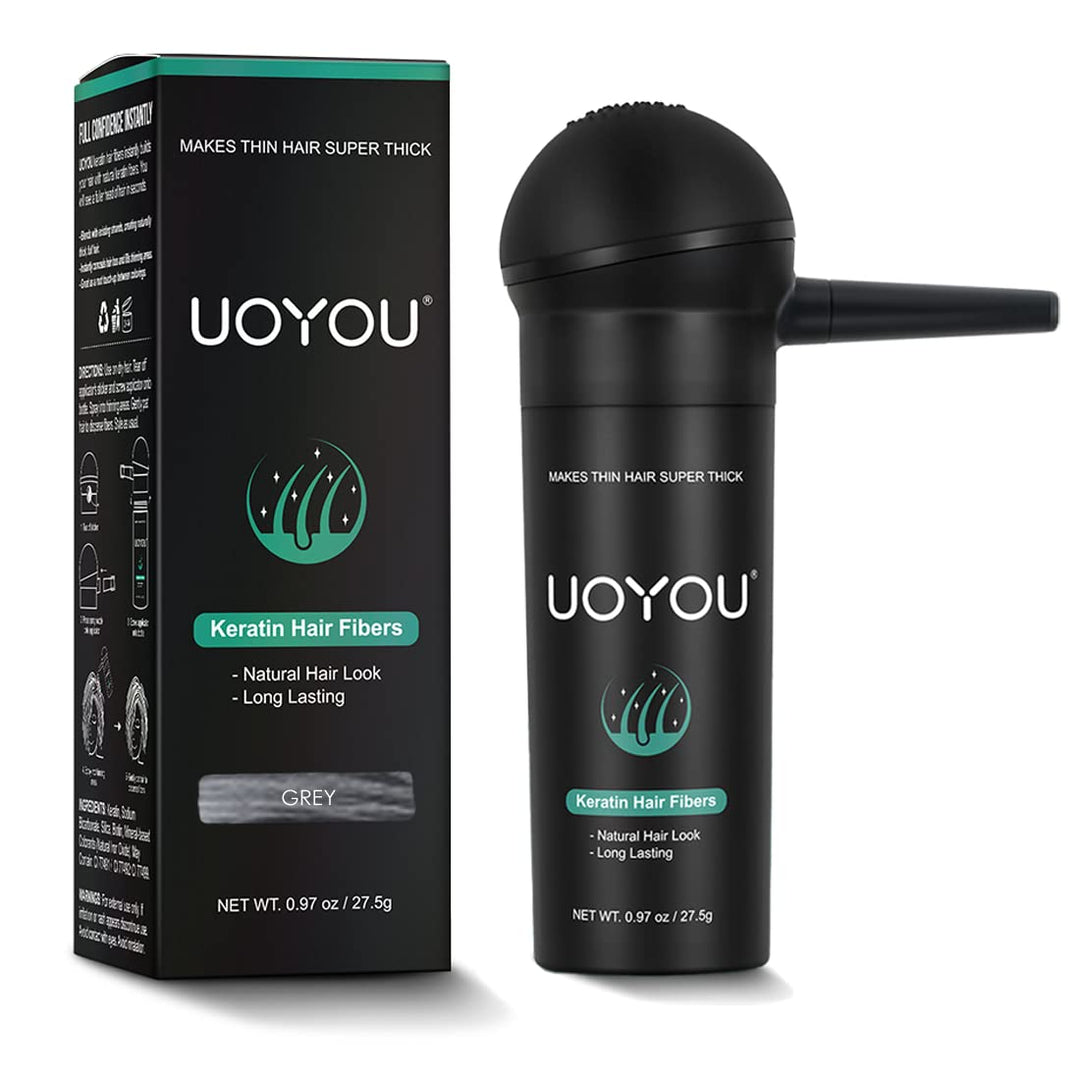 UOYOU GREY Hair Fibers for Thinning Hair 27.5g Bottle with Applicator | Undetectable & Natural Keratin Hair Fibers Concealer for Hair Loss for Men and Women | Hair Building Fibres Powder [GREY]
