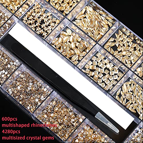 4880Pcs Champagne Rhinestones for Nails, Gold Crystal Nail Rhinestones Round Beads Flatback Glass Gems Stones, Multi Shapes Rhinestones 3D Nail Crystals for Nail Art DIY Crafts Clothes Shoes Jewelry