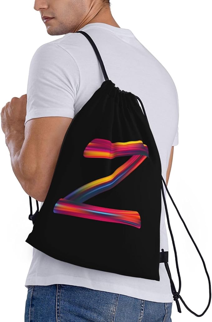 Drawstring Bags Initial Drawstring Backpack Sackpack Black Draw String Cinch Bags for Sports, Gym, Travel, Swimming, Beach, Camping, Rainbow Letter Z