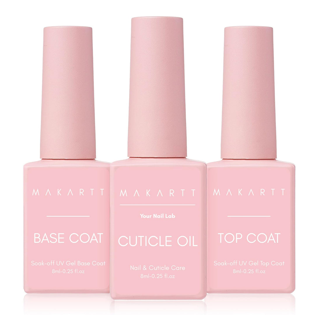 Makartt Gel Top and Base Coat Set with Cuticle Oil: No Wipe Shine Finish Soak-Off Gel, Long-Lasting Formula for Gel Polish, Includes Nail Care Cuticle Oil, Perfect for Art and Manicure (3pcs)