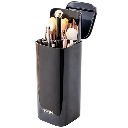 ACSTORi Makeup Brushes Organizer With Portable Covered Cap Waterproof Dustproof Manual Press Lift Makeup Brush Holder With Lid For Vanity Desktop Bathroom Countertop Black