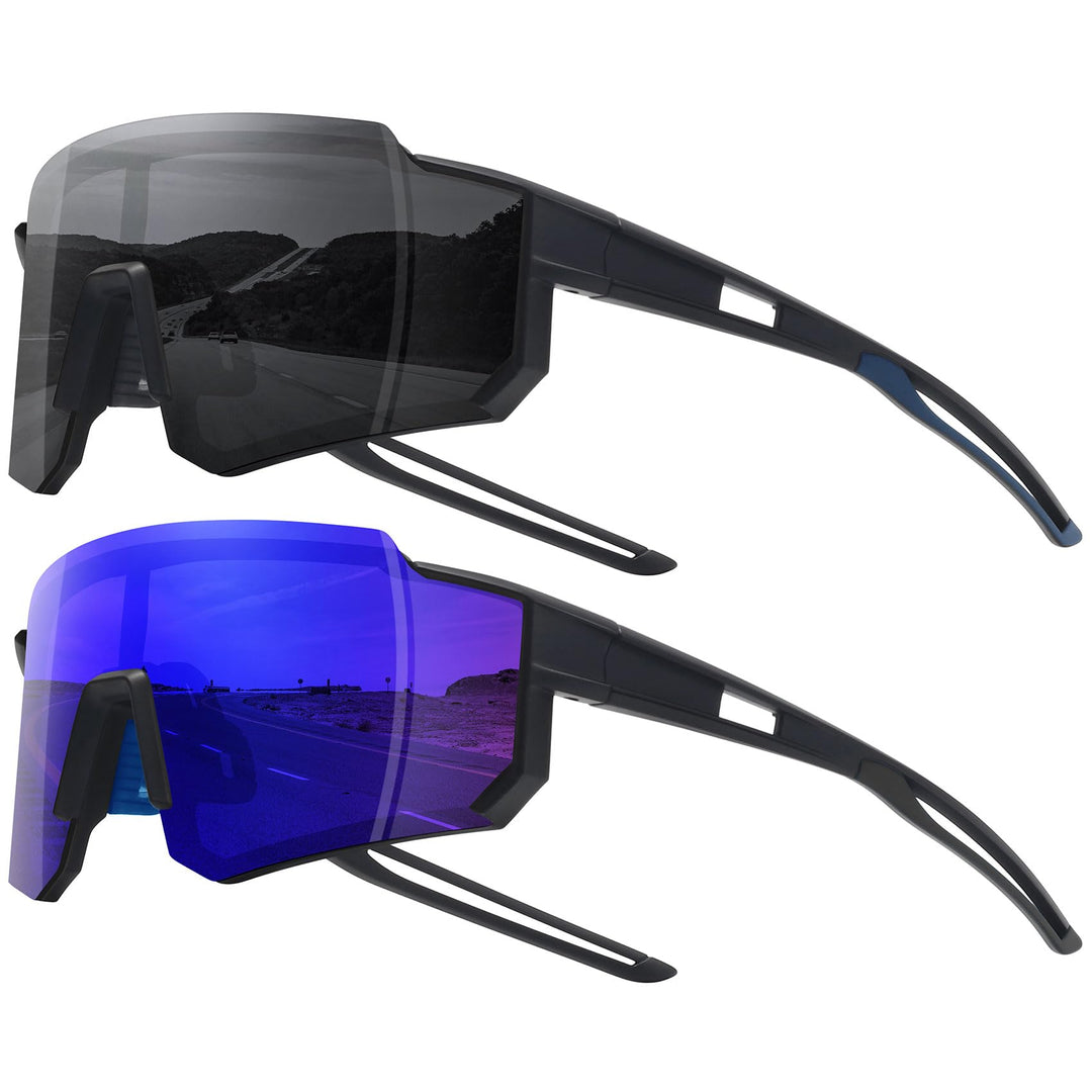 STORYCOAST Sports Running Sunglasses for Men Women Cycling Driving Fishing Bike Sunglasses Polarized UV400 Protection 2Pack Matte Black/Gray+Matte Black/Dark Blue