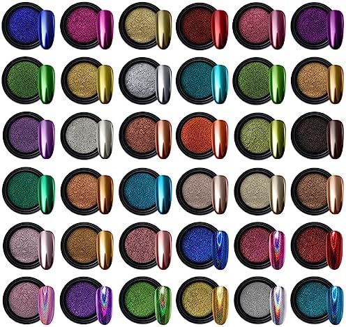 Artdone 36 Jars Chrome Nail Powder Nail Art Fimo Decoration Metallic Mirror Effect Holographic Aurora Chameleon Pigment Powder 1g/Jar Pearl for Resin Craft & Nail Art