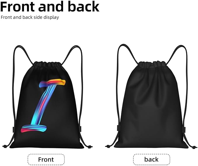 Drawstring Bags Initial Drawstring Backpack Sackpack Black Draw String Cinch Bags for Sports, Gym, Travel, Swimming, Beach, Camping, Rainbow Letter I