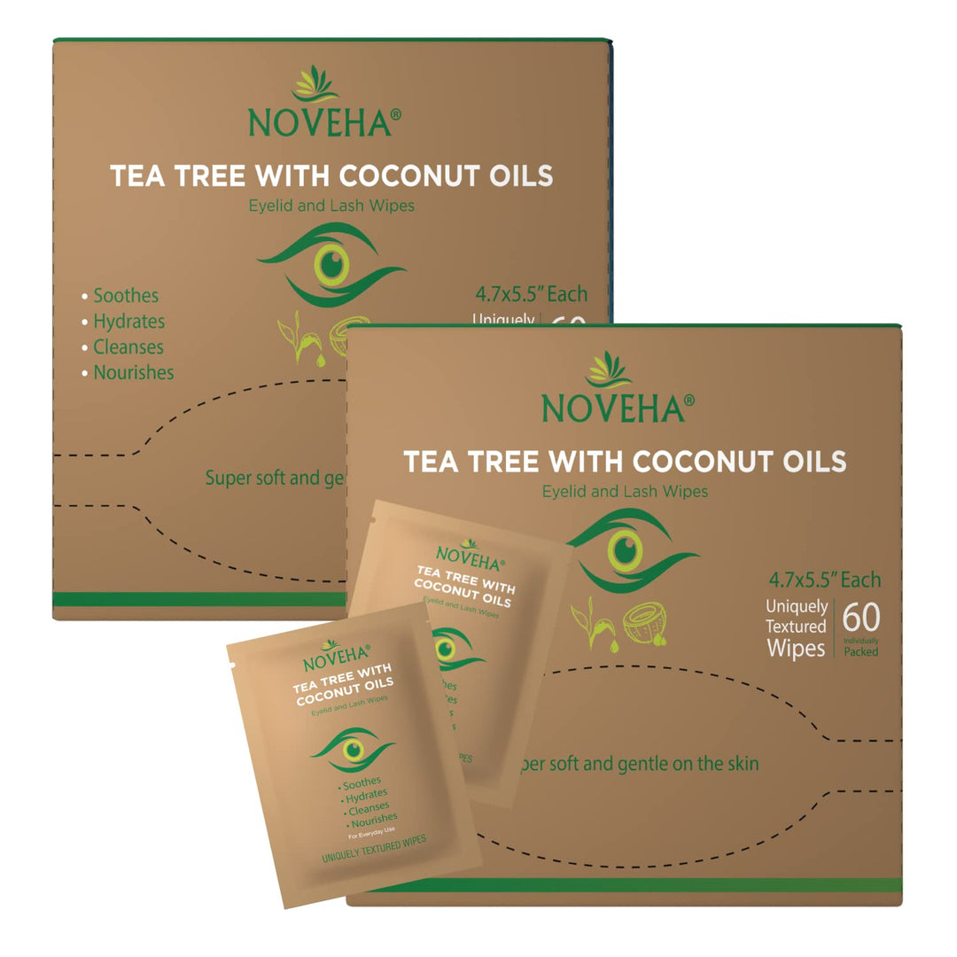 Noveha Tea Tree & Coconut Oil Eyelid & Lash Wipes | For Demodex, Blepharitis & Itchy Eyes, Box Of 60 Individually Wrapped Eyelas
