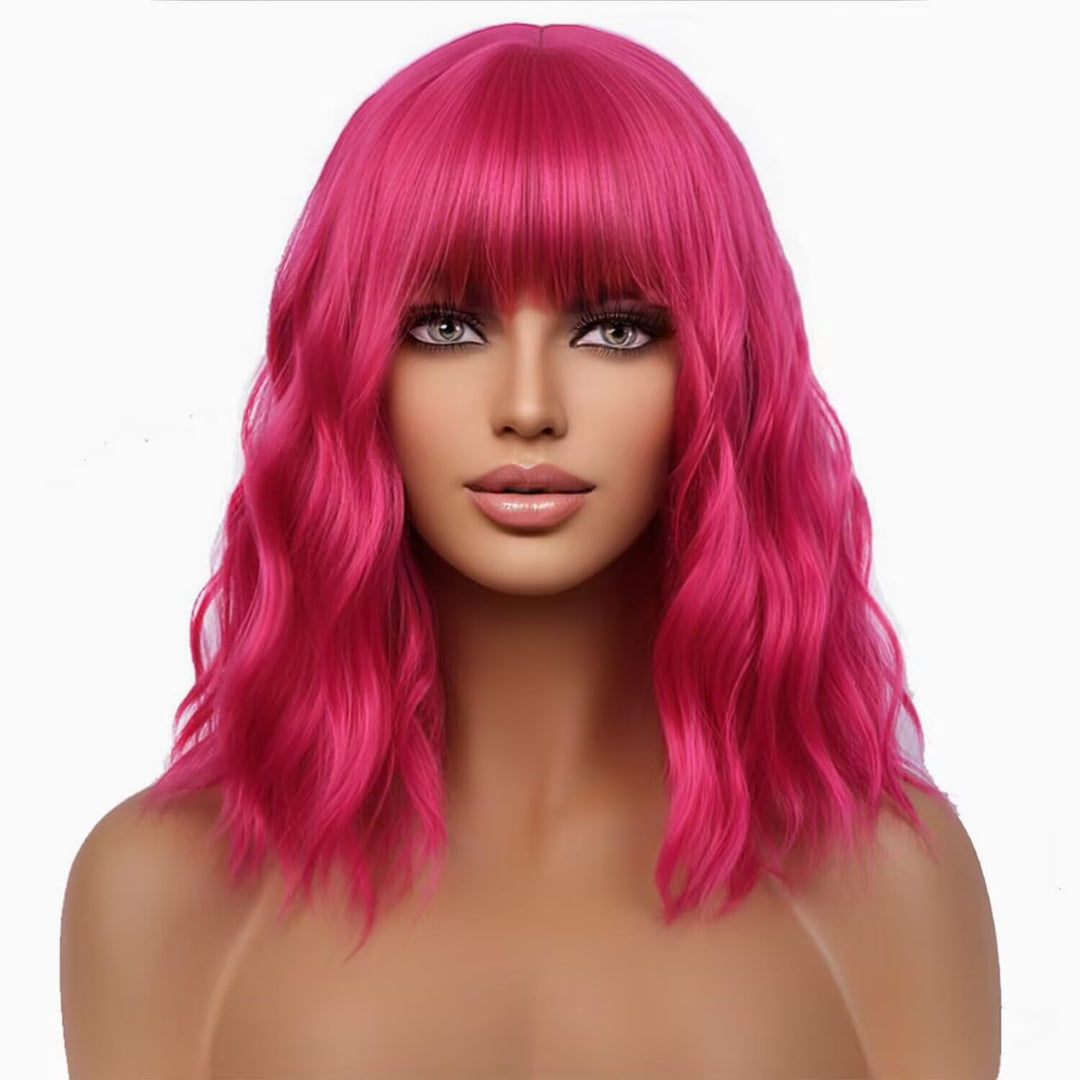 WTHCOS Hot Pink Wig Short Curly Wavy Wig with Bangs Rose Red Wig for Women Magenta Wig Neon Pink Wig Synthetic Wigs for Cosplay Costume Party with Wig Cap