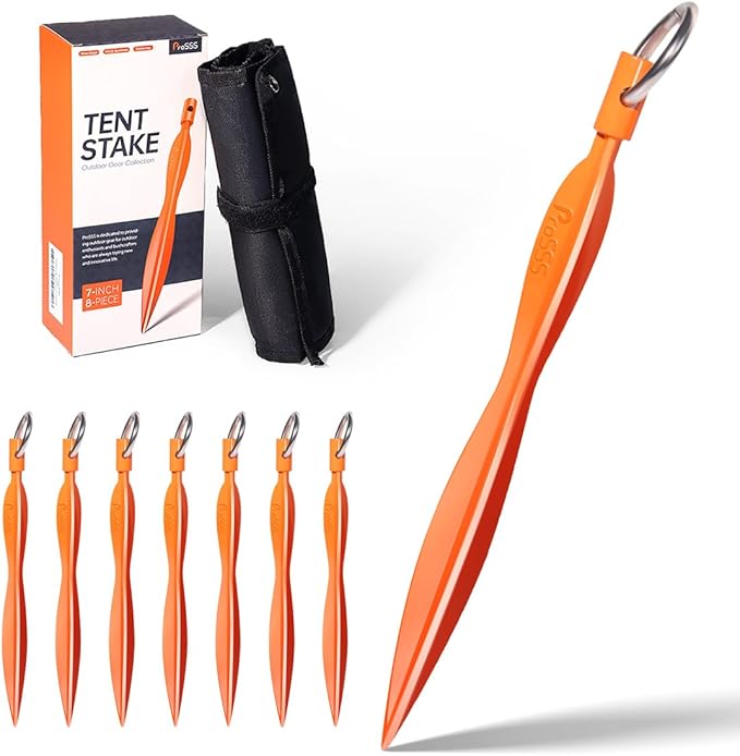 8 Pack Heavy Duty Tent Stakes, 7" Wave-Shaped Ultralight Tri-Beam Stakes with Storage Bag & 1 Stopper T Pull Hook
