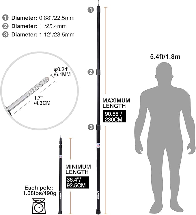 REDCAMP Aluminum Adjustable Camping Tarp Poles, Set of 2, 36in to 90in Telescoping Lightweight waterproof Tent Poles for Shelter, Hammock Rain Fly, Awning, Black