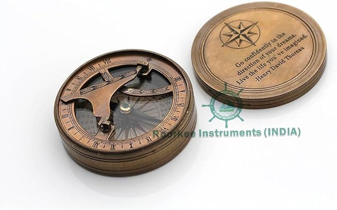 Handmade Brass Sundial Compass – Thoreau Dream Chaser Quote – Go Confidently in The Direction of Your Dreams – Vintage Sun Clock with Leather Case – Gift for Explorer, Graduate or Loved One