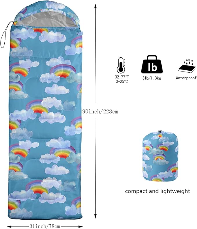 AILONEN Cartoon Fox Camping Sleeping Bag for Boys Girls Adults,Lightweight & Waterproof,3 Season Warm & Cold Weather,Portable,Kawaii Fox Printed Sleeping Bag,Traveling,Camping,Hiking