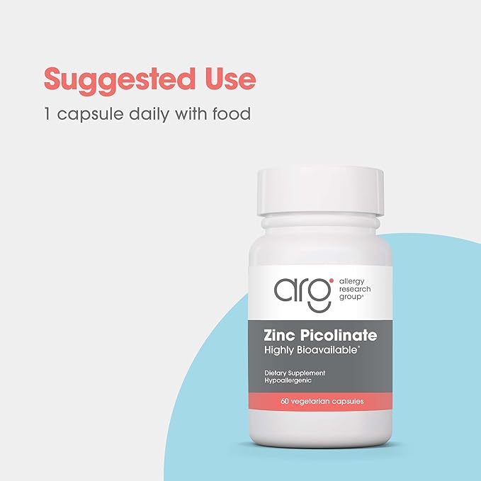 Allergy Research Group Zinc Picolinate Supplement - Supports Normal Health Immune Response, Highly Bioavailable, Well-Absorbed, Hypoallergenic, Vegetarian Capsules - 60 Count