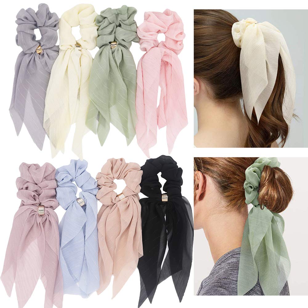 Elegant Scarf Hair Ties for Women Girls, 8 Pcs Double Layer Bow Scrunchies for Hair Cute Bunny Ear Bow Scrunchies with Assorted