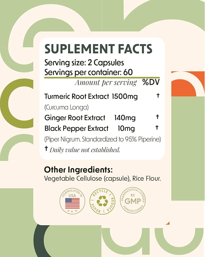 Alpha & Omega Nutrition Turmeric 1500mg with Ginger and Black Pepper, Joint Support Supplement with Turmeric and Ginger Root Powder, 120 Veggie Caps, 2 Month Supply
