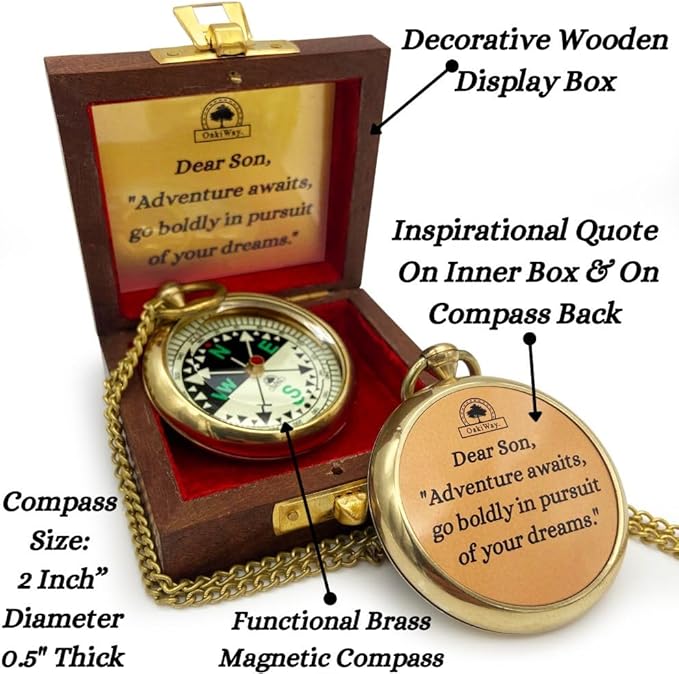 The Dream Chaser Compass in Wooden Box - 2025 Graduation Gifts for Him, College, High School, Birthday Gift Idea for Son, Boys, Daughter - Greeting Card Included, Inspirational, Motivational Present