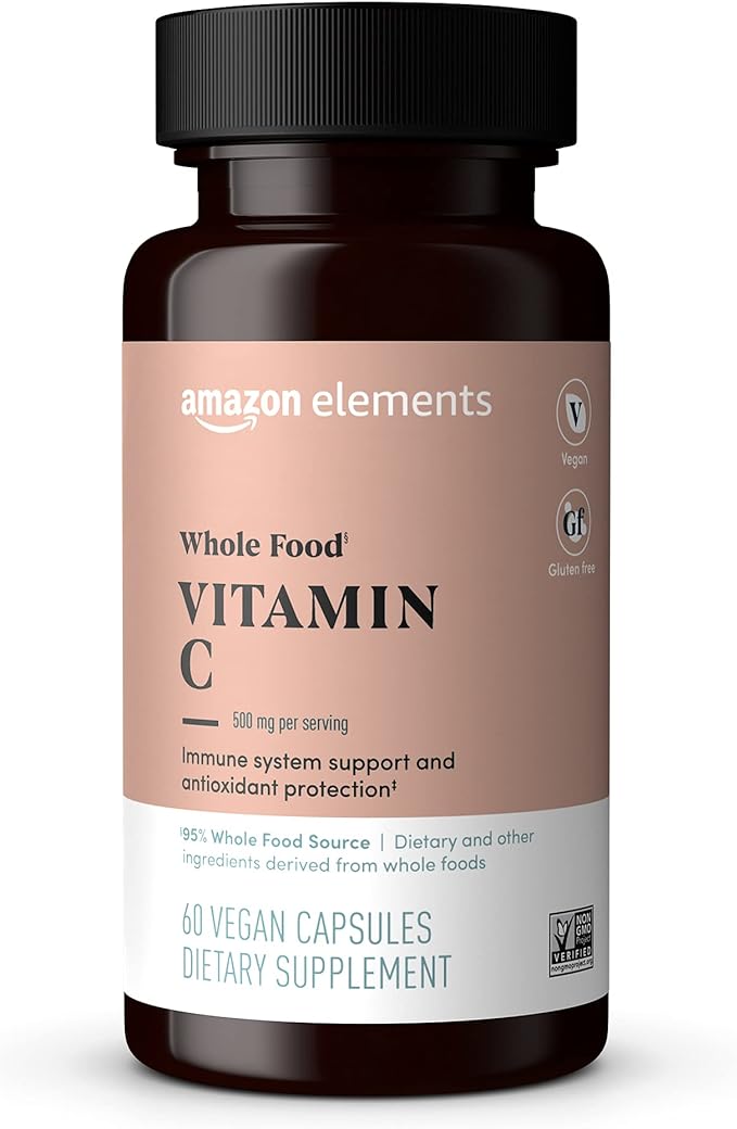 Amazon Elements - Whole Food Vitamin C, 95% Whole Food Source, Dietary and other ingredients derived from whole foods, Non-GMO verified ingredients, vegan certified, and gluten free, 60 capsules