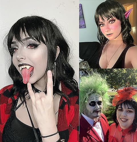 Black Wig with Bangs Wig for Women 12in Short Bob Wavy Curly Wig Natural Black Hair Wigs Heat Resistant Hair Replacement Wigs(12'' Natural Black 1B)