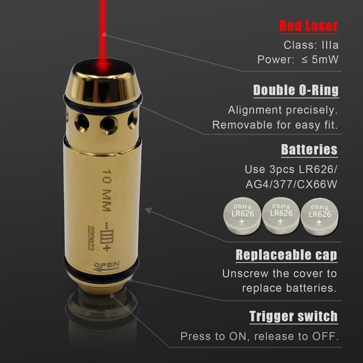 Angeebin Laser Training Cartridge for 10MM Suitable for Dry Fire Training and Boresighting Sight, Red Laser Bullet with Spare Accessories (10mm)
