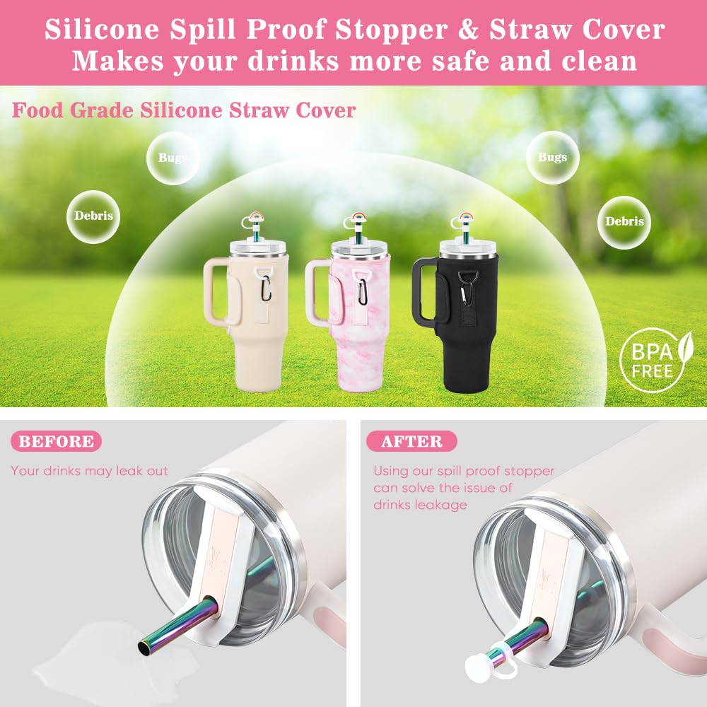 3 in 1 Water Bottle Carrier Bag with Pouch Pocket fits Stanley 40 oz Tumbler, Water Bottle Holder with Strap for Stanley Cup Accessories with Stainless Steel Straws, Straw Cover, Spill Proof Stoppers