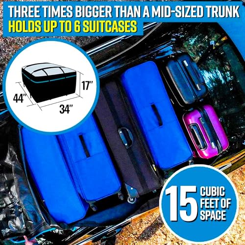 Car Rooftop Cargo Carrier Bag -15 Cuft Waterproof Car Roof Bag, Car Top Carrier Without Roof Rack, Vehicle Cargo Carriers for Luggage Incl Storage Bag, Non-Slip Mat, 6 Door Hooks - 19 & 23 Cuft Avail