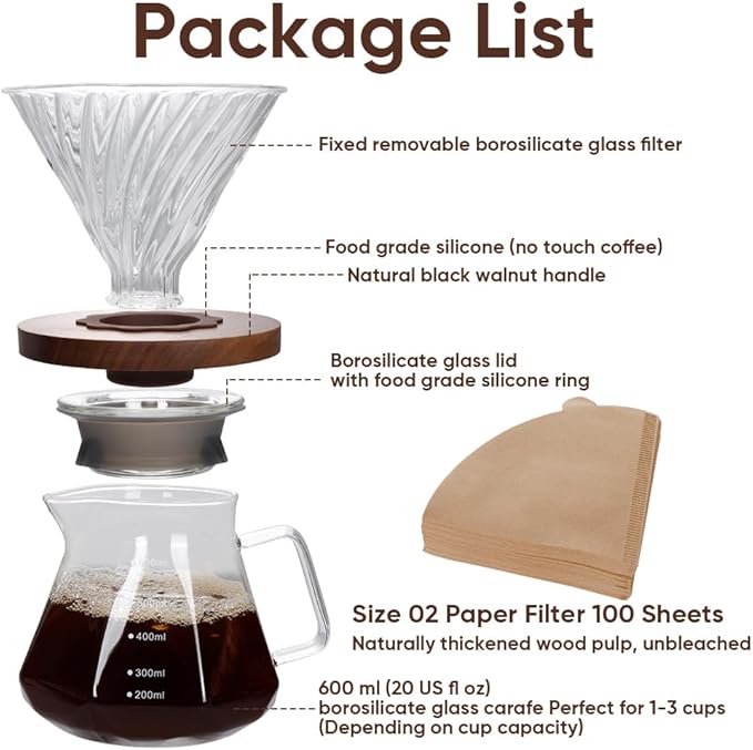 20oz Drip Coffee Maker - 600 ml Borosilicate Glass Carafe with 100 pcs V60 Paper Filter - Walnut Handle & Glass Lid for Home Café Restaurant Camping (Clear)
