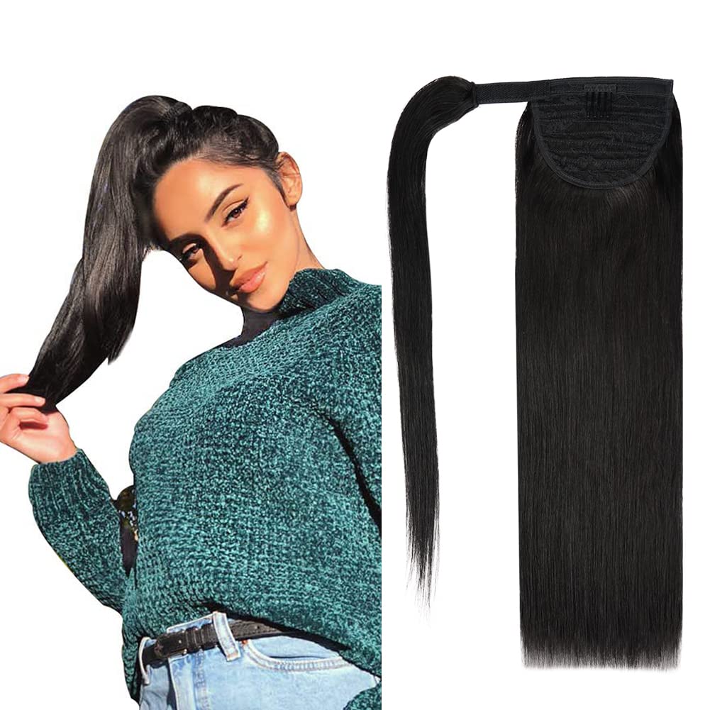 14 Inch Ponytail Extension Human Hair 70G #1B Natural Black 100% Remy Human Hair Ponytail Long Straight Wrap Around Ponytail Hum