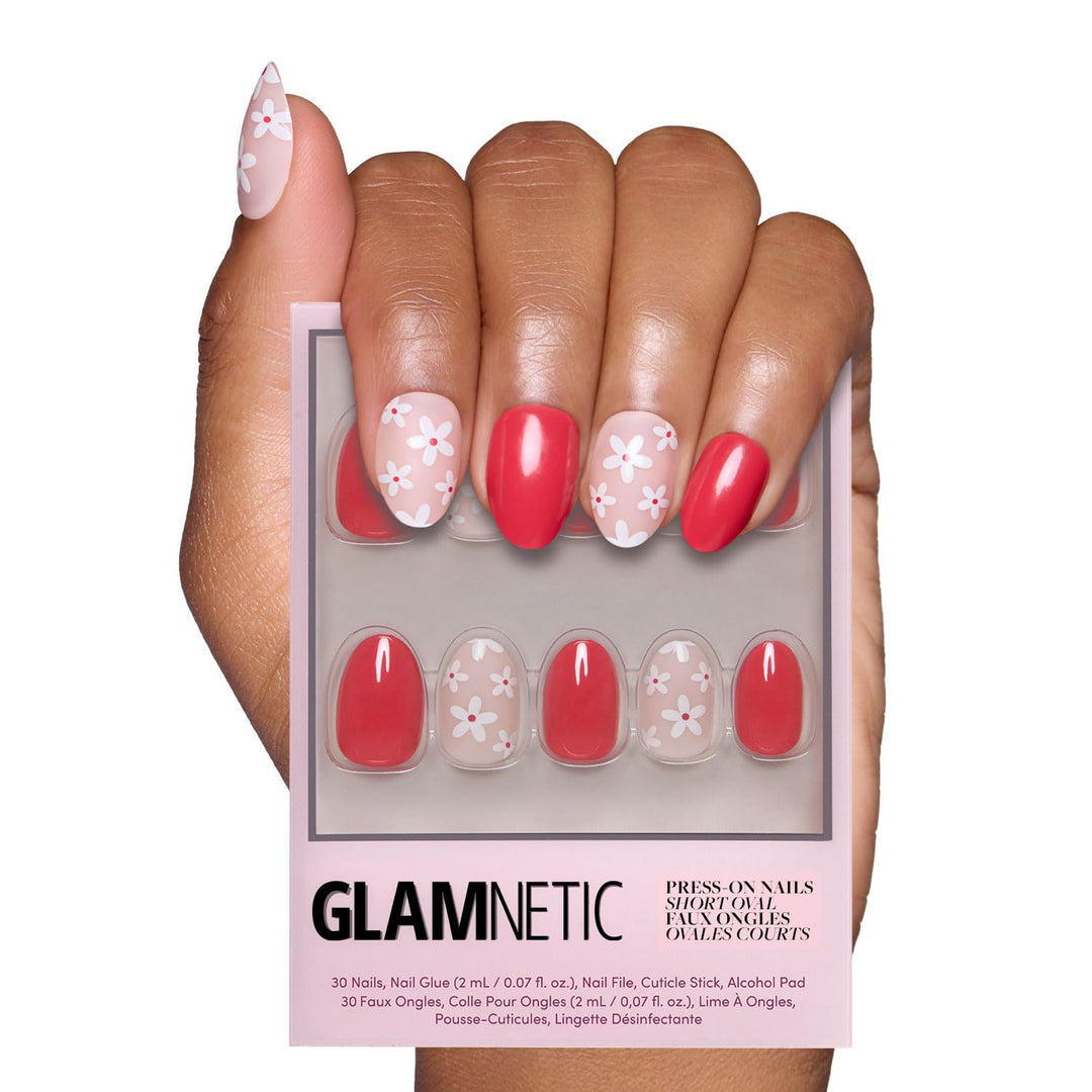 Glamnetic Press On Nails - Red Blossom | Short Oval Nails with Floral Accents, Reusable Stick On Fake Nails with Glue | Love In Bloom Spring Nails | 15 Sizes - 30 Nail Kit with Glue