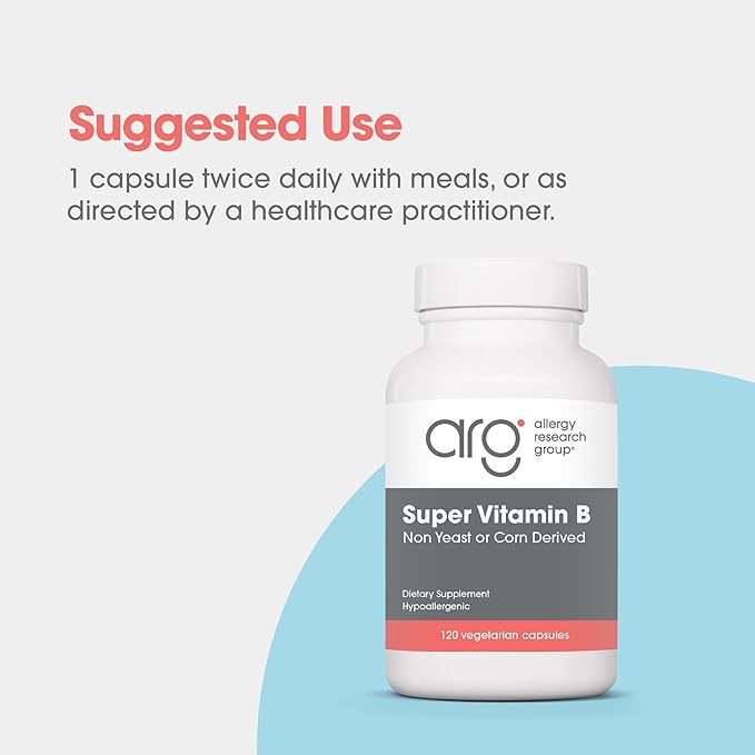 Allergy Research Group Super Vitamin B Complex - Vitamin B for Men & Women, Vitamin B Supplement, Vitamin B12, Vitamin B6, Vegetarian Capsules, Corn-Free, Yeast-Free - 120 Count