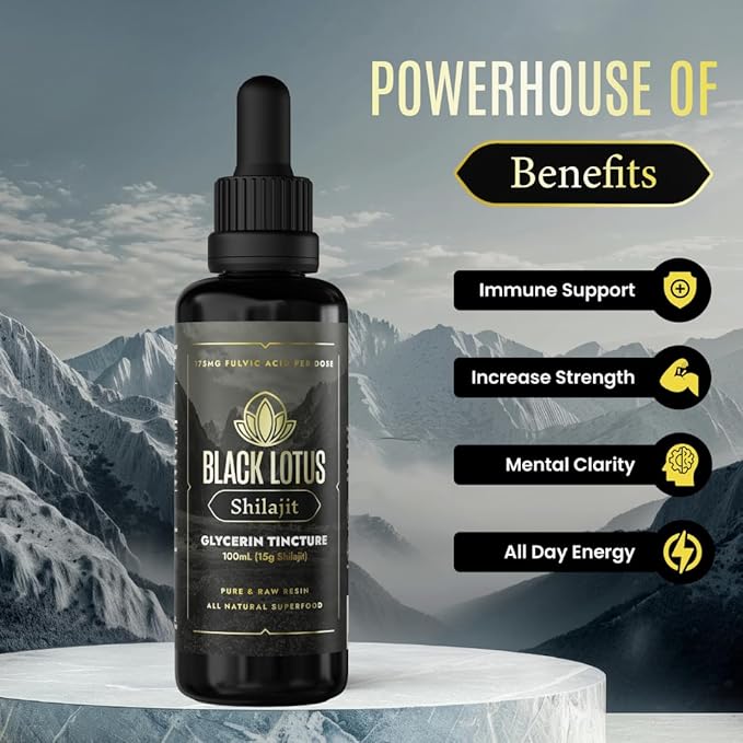 Black Lotus Pure Shilajit Resin Liquid Tincture, 100ml, 100% Pure Natural Shilajit for Men & Women with Amino Acids, 175mg Fulvic Acid, 85 Ionic Trace Minerals, for Immune Support, Focus, Energy