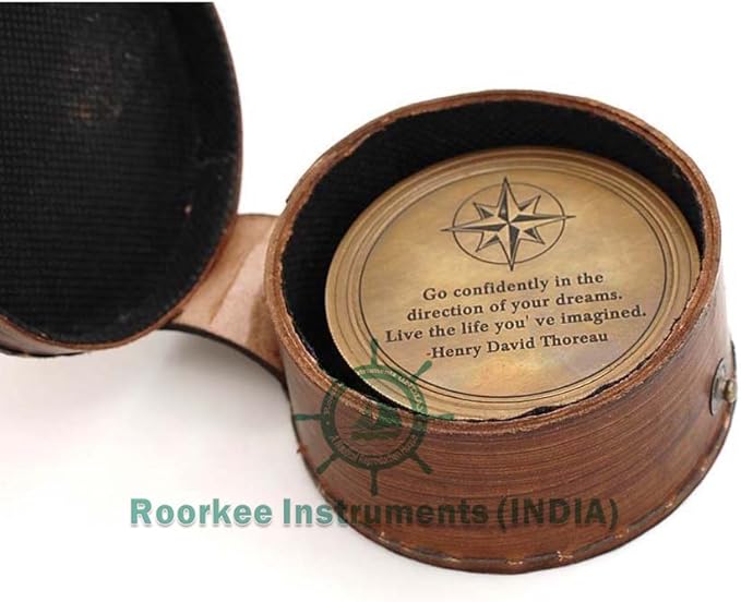 Handmade Brass Sundial Compass – Thoreau Dream Chaser Quote – Go Confidently in The Direction of Your Dreams – Vintage Sun Clock with Leather Case – Gift for Explorer, Graduate or Loved One
