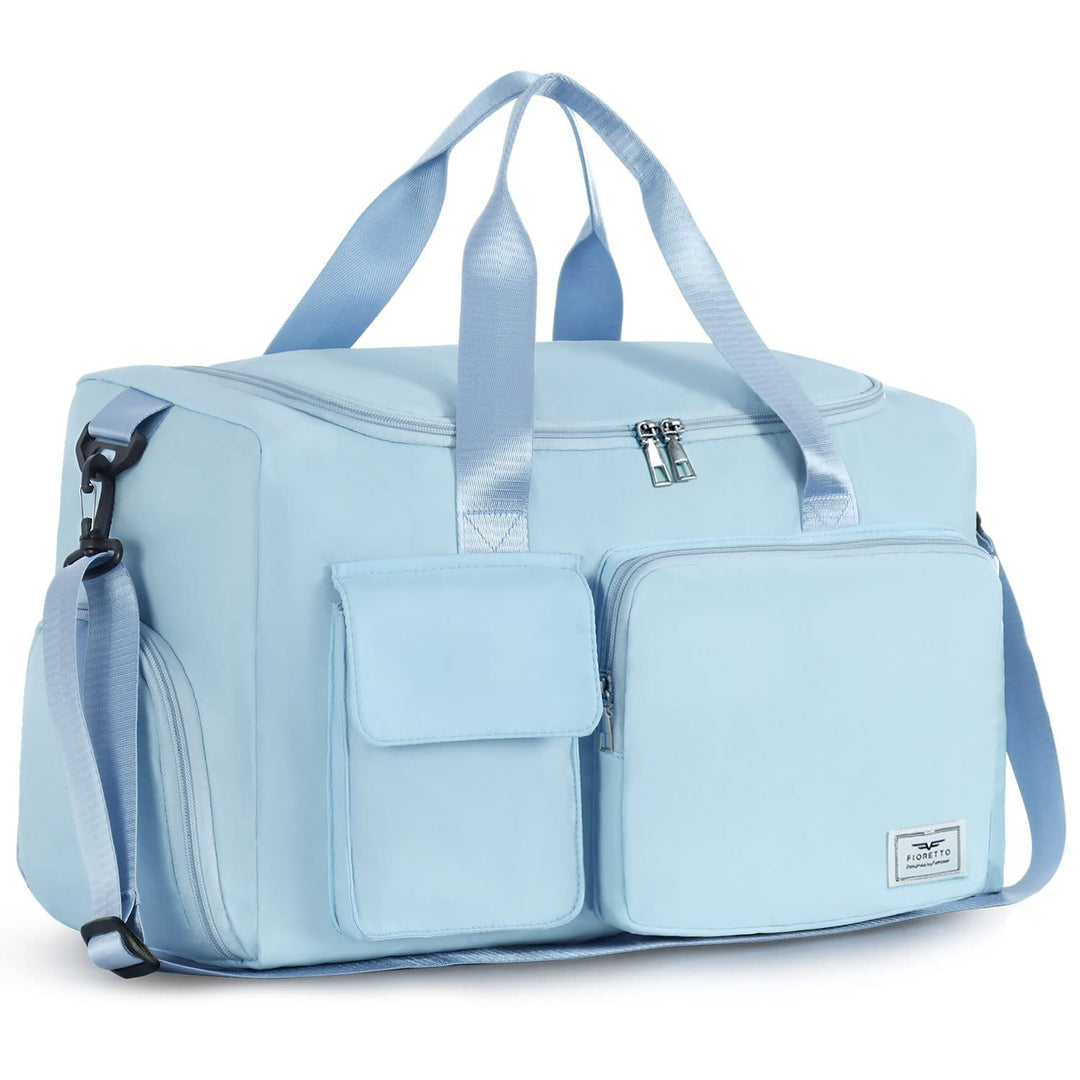 FIORETTO Women's Water-Resistant Gym Duffle Bag with Shoes Compartment, 37L Capacity, Multi-Functional, Ideal for Travel, Gym, Sports, Weekender, Light Blue
