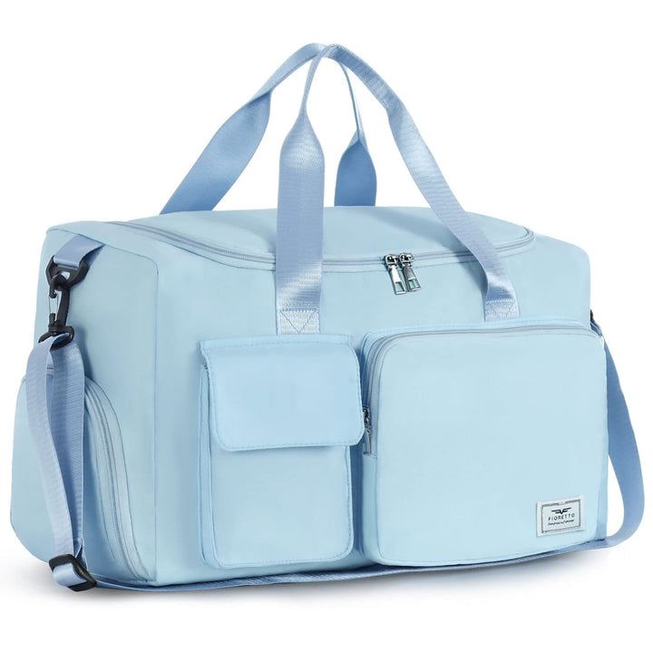 FIORETTO Women's Water-Resistant Gym Duffle Bag with Shoes Compartment, 37L Capacity, Multi-Functional, Ideal for Travel, Gym, Sports, Weekender, Light Blue