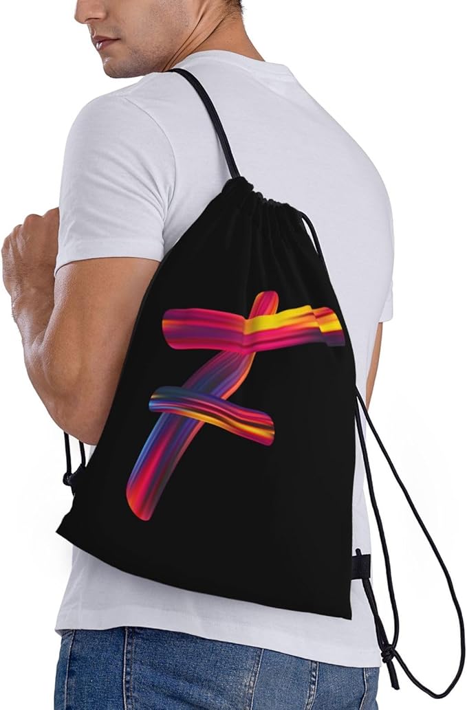 Drawstring Bags Initial Drawstring Backpack Sackpack Black Draw String Cinch Bags for Sports, Gym, Travel, Swimming, Beach, Camping, Rainbow Letter F