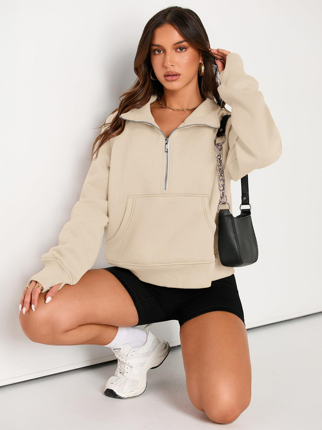 AUTOMET Womens Sweatshirts Long Sleeve Tops Hoodies Shirts Half Zip Pullover Cropped Oversized 2024 Fall Fashion Outfits Sweaters Apricot