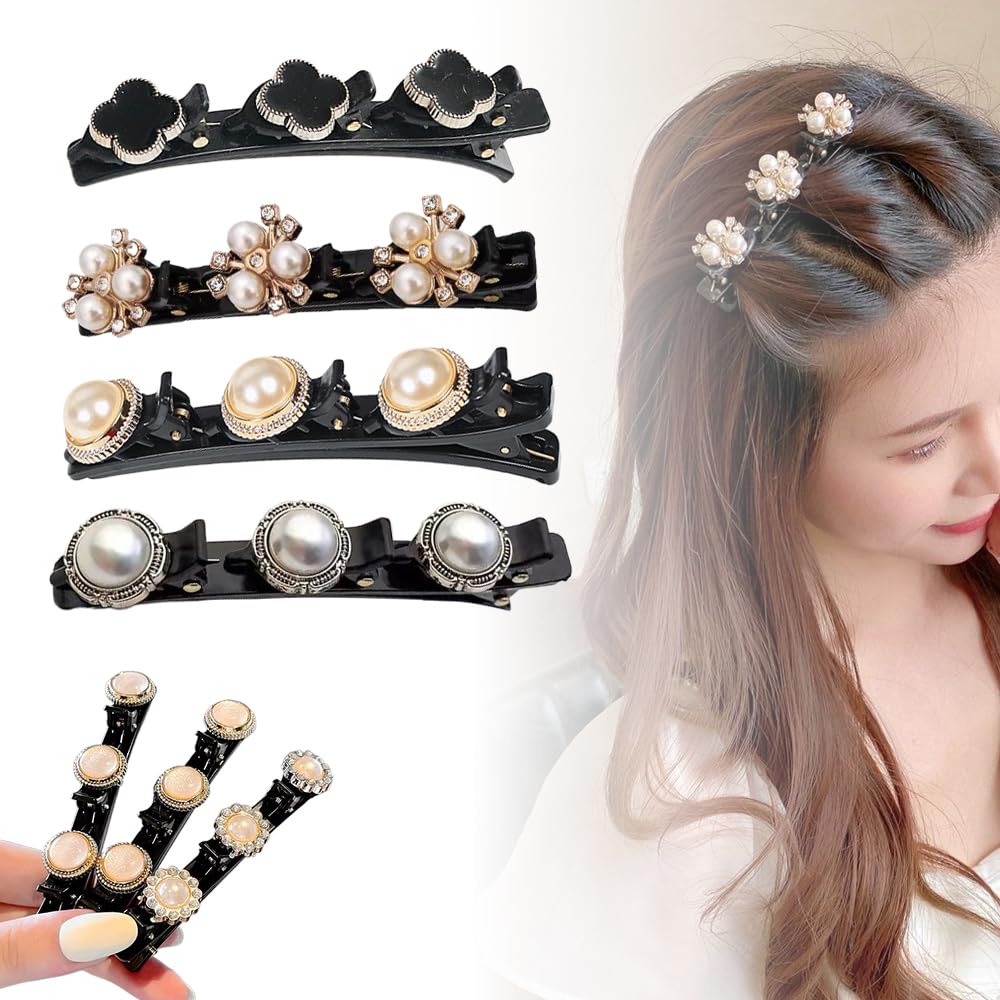 Sparkling Crystal Stone Braided Hair Clips, 2024 New Women's Braided Hair Clips, Short Hair Clips Duckbill Clips, Braided Hair Clips for Ladies and Girls Crystal Stone Hair Clips (Pearl-4pcs)