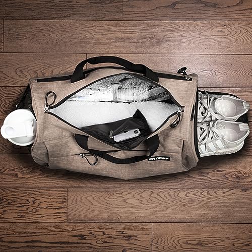 Fitgriff® Gym Bag V1 for Men & Women with Shoe & Wet Compartment - Duffle Bag for Travel, Sports, Fitness & Workout (Sand, 19 x 10 x 10″ (Small))