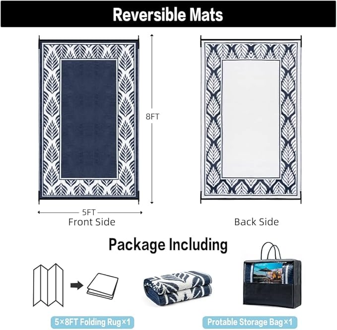 Outdoor Plastic Straw Rug, Waterproof Mat, Washable Large Floor Mat and Rug for Outdoors, RV, Beach, Patio, Camping, Backyard, Deck, Picnic, Outside (5x8ft,Olive-Leaf/Dark Blue&White)