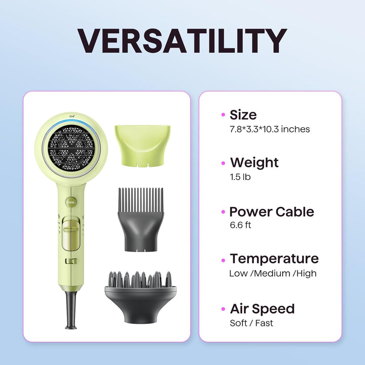 Wavytalk 1875W Ionic Hair Dryer | Diffuser & Comb for Curly Hair | Green