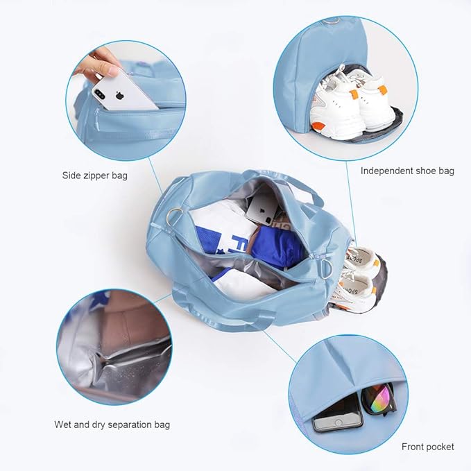 Blackwheel Sports Gym Bag With Shoe Bag Wet Bag Duffle Bag Waterproof Travel Bag for Women Men Light Blue 29L