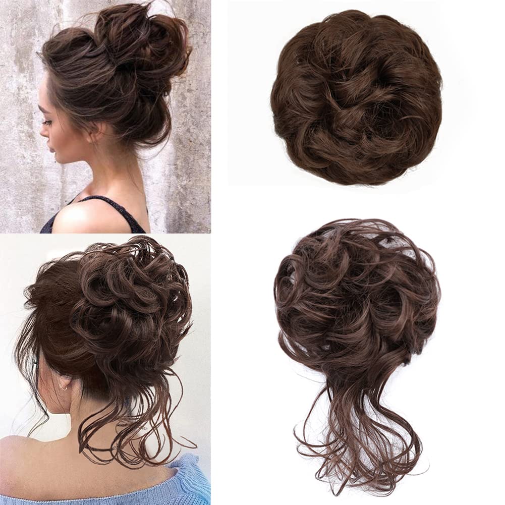 KETHBE Messy Bun Hair Piece Tousled Updo Hair Buns Extension Elastic Hair Band Hair Pieces Curly Hair Bun Scrunchie For Women (2PCS,Bronze Brown)