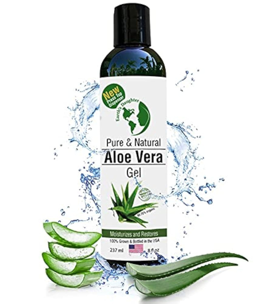 Earth's Daughter Organic Aloe Vera from 100% Pure and Natural Cold Pressed Aloe with 8 oz Disc Top Dispenser - Great for Face - Hair - Sunburn - Dry Skin