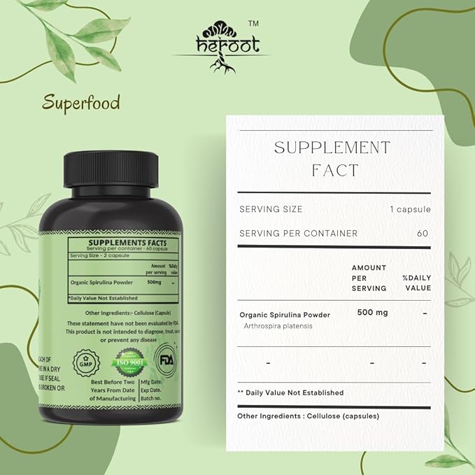 Organic Spirulina Protein Powder Capsules - Vitamins & Minerals for Energy - Vegetarian, Gluten Free 100% Pure Superfood for Optimal Health (20 Capsules)