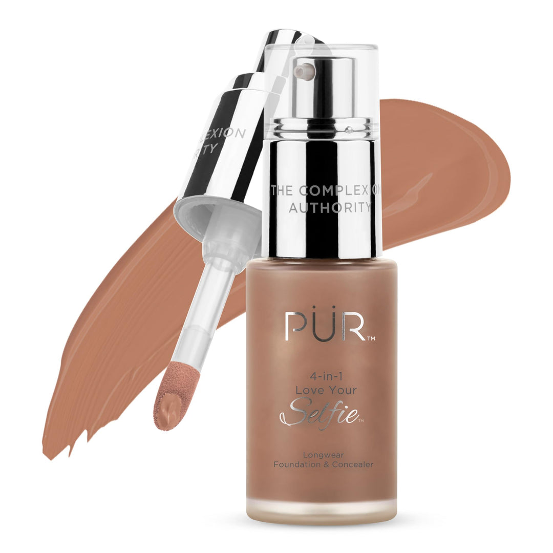 PÜR MINERALS 4-in-1 Love Your Selfie Longwear Foundation & Concealer, Full Coverage Liquid Foundation, Hydrating Formula, Cruelty Free